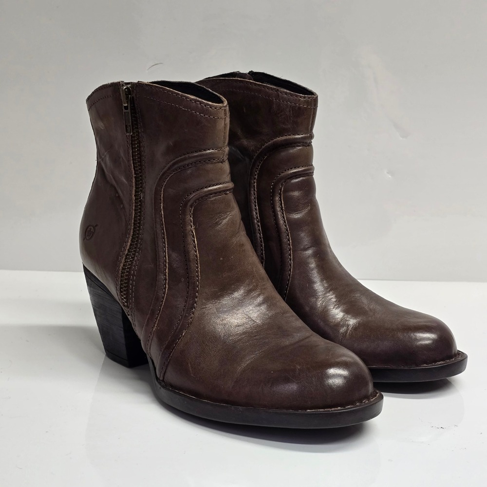 Born Ankle Boots Womens 8 Brown Leather Block Heel Side Zip Casual Western Boho